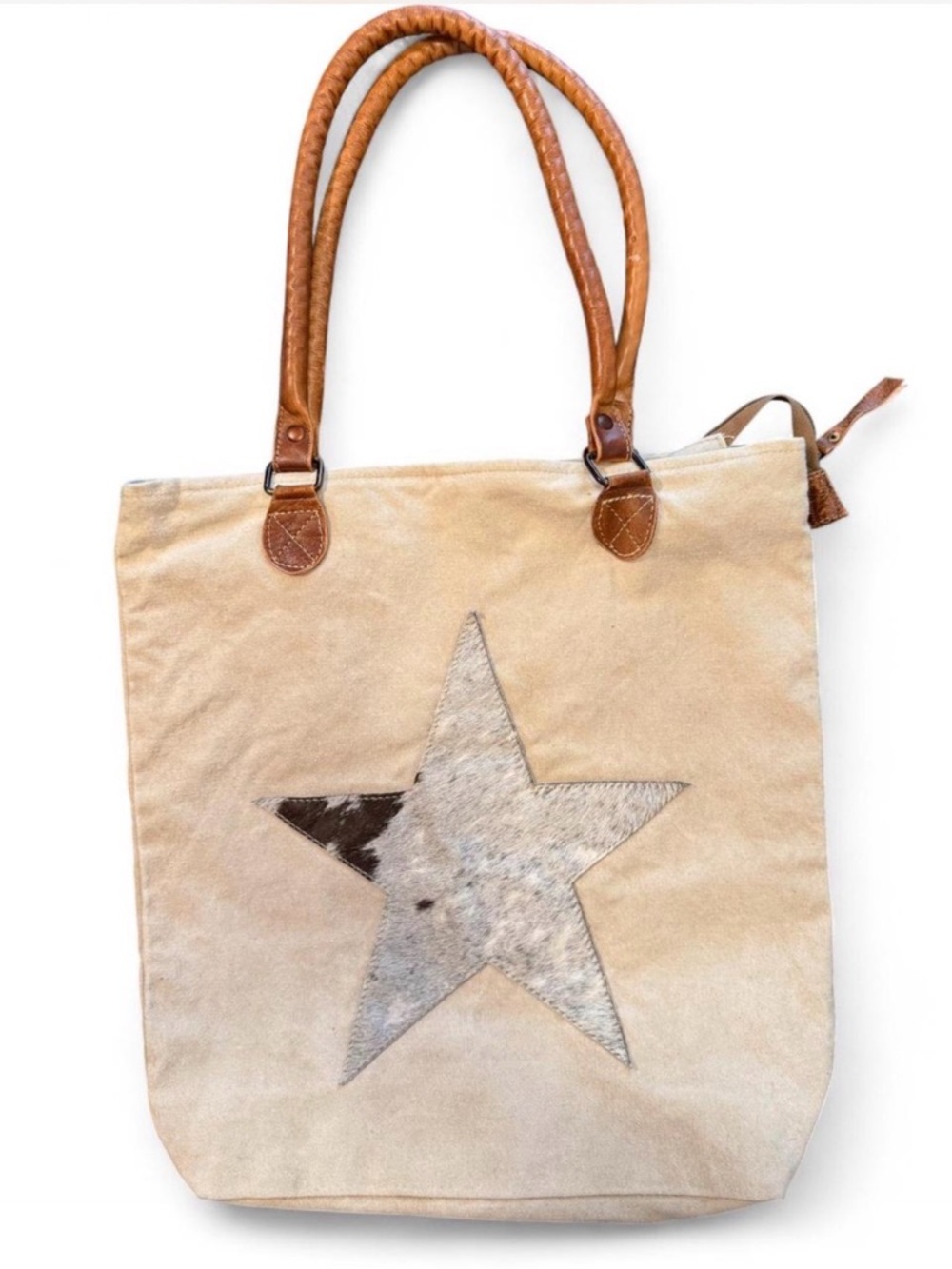 CHLOE & LEX cotton canvas tote bag with brown leather straps.